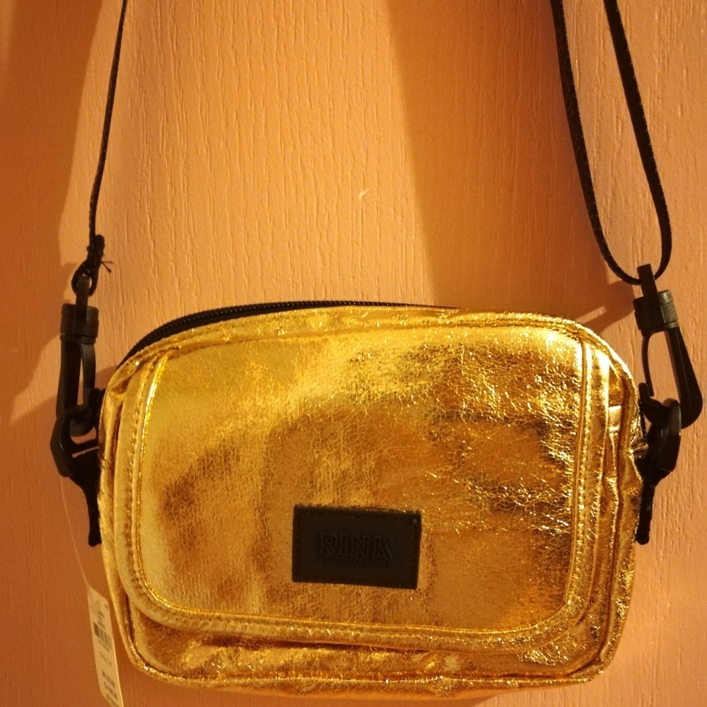 PINK Victoria Secret Gold Crossbody Travel Bag